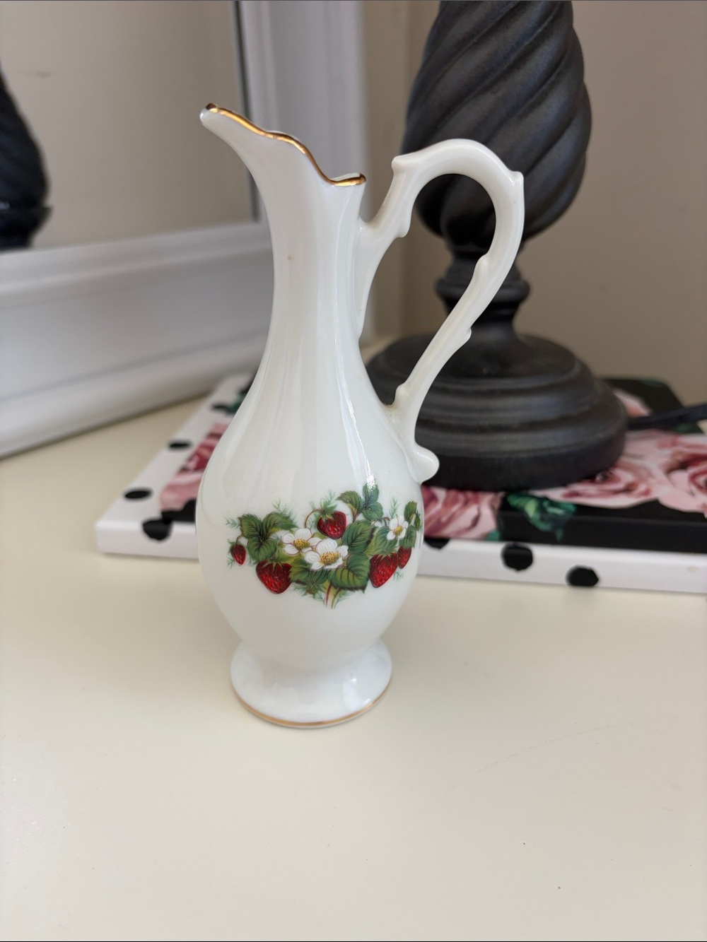 McCoy Pottery Vintage Porcelain Pitcher with Strawberry Floral Motif